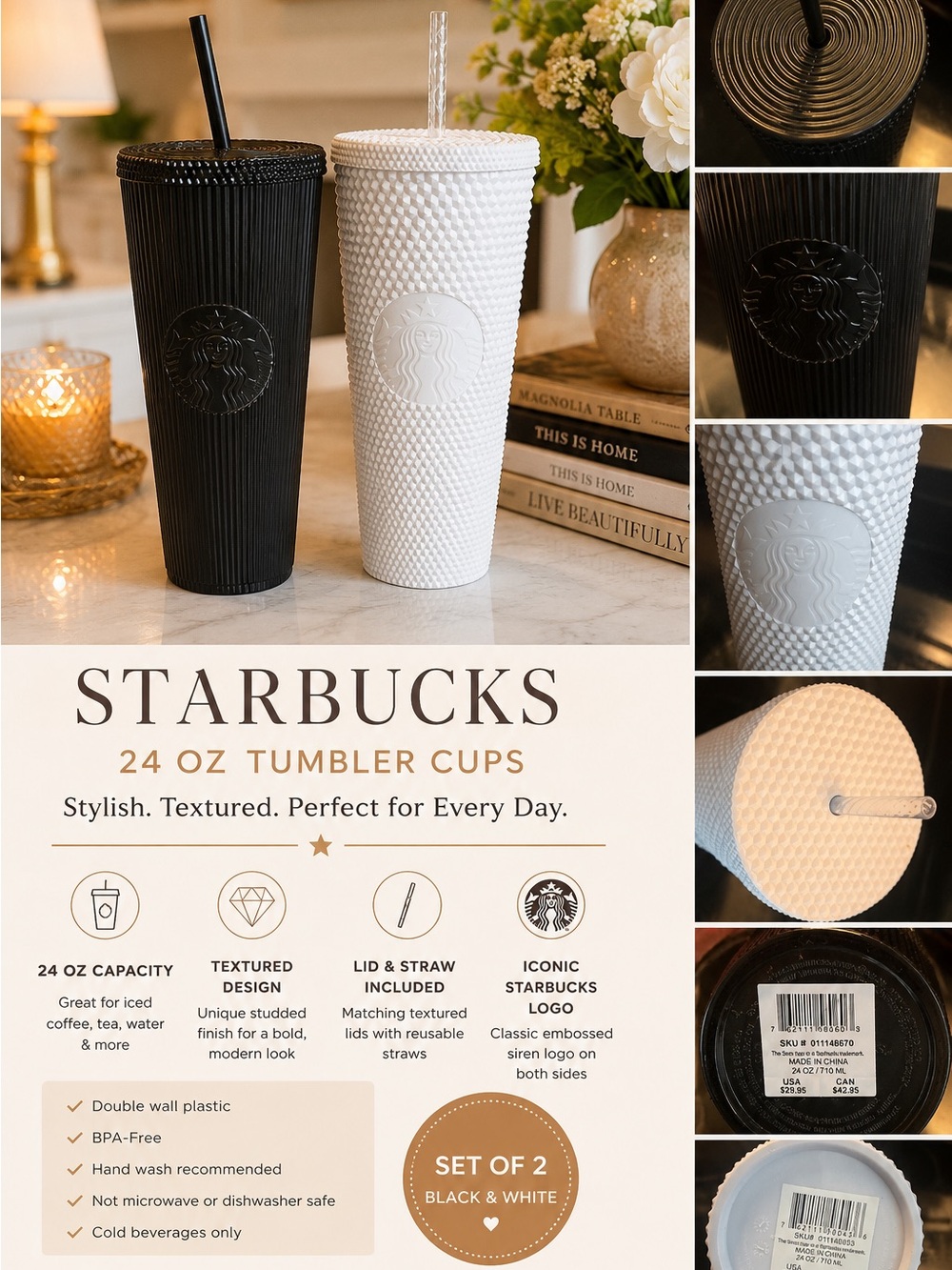 Starbucks 24 oz Textured Tumbler Cups SET - Black & White